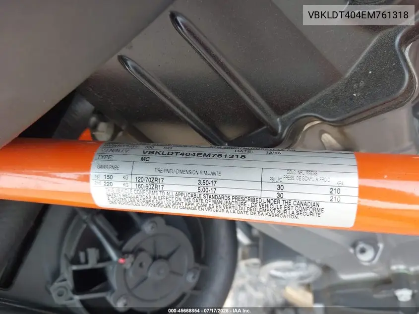 2014 Ktm 690 Duke VIN: VBKLDT404EM761318 Lot: 45668854