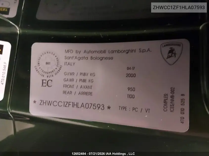 2017 Lamborghini Huracan VIN: ZHWCC1ZF1HLA07593 Lot: 12652484