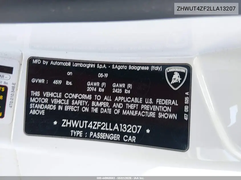 2020 Lamborghini Huracan Evo VIN: ZHWUT4ZF2LLA13207 Lot: 44968663
