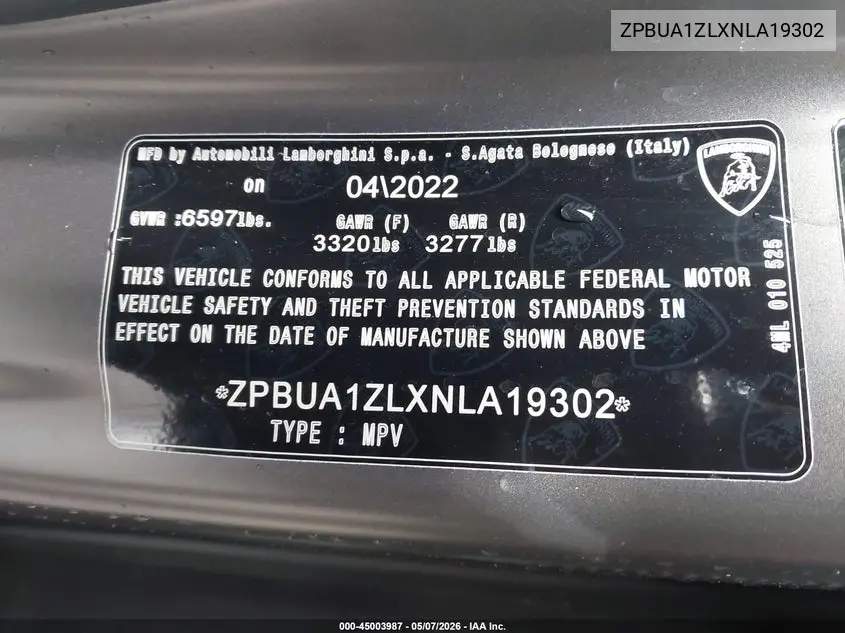 2022 Lamborghini Urus Graphite Capsule/Pearl Capsule VIN: ZPBUA1ZLXNLA19302 Lot: 45003987