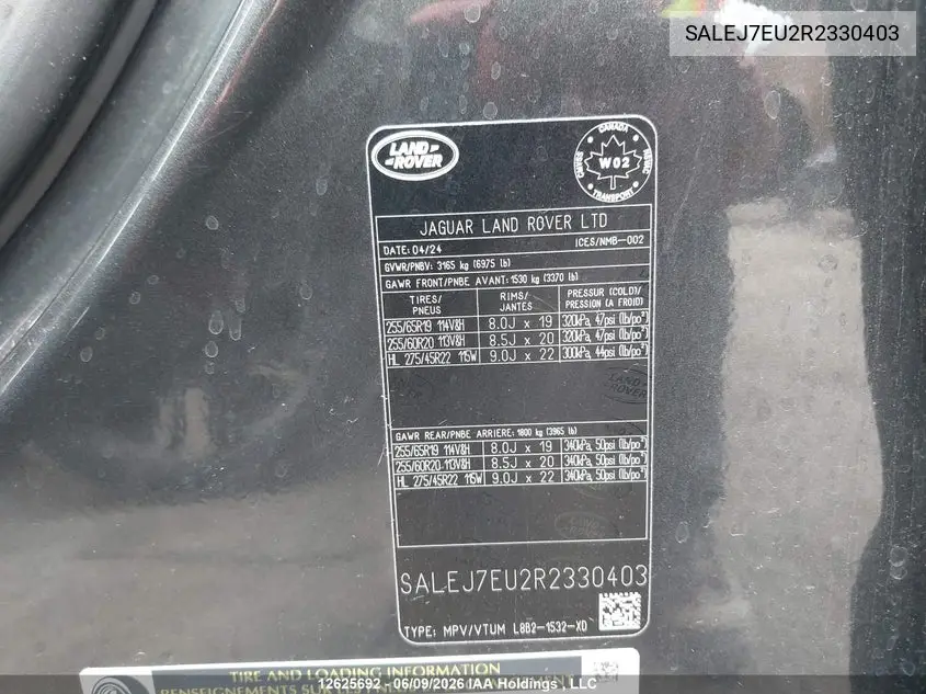 2024 Land Rover Defender 110 S VIN: SALEJ7EU2R2330403 Lot: 12625692
