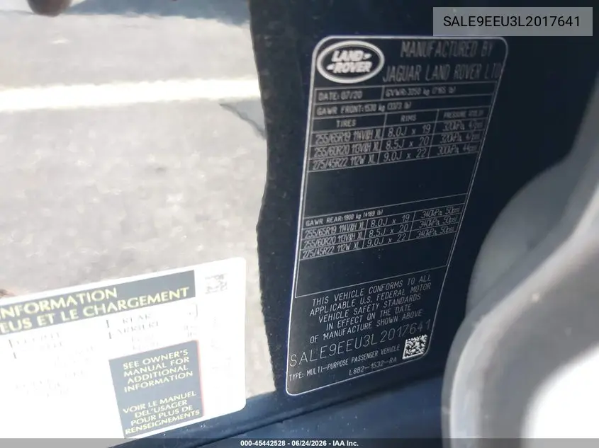2020 Land Rover Defender 110 Hse VIN: SALE9EEU3L2017641 Lot: 45442528