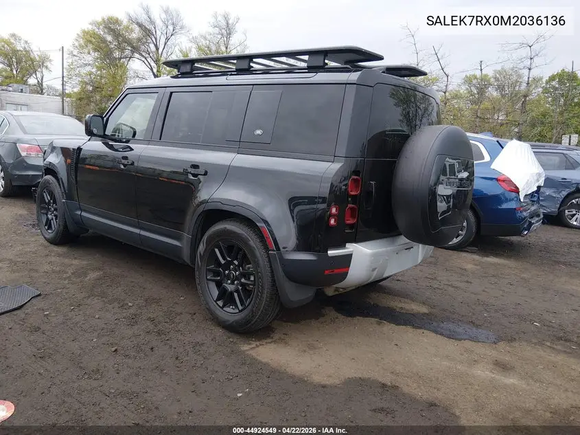 2021 Land Rover Defender 110 Standard VIN: SALEK7RX0M2036136 Lot: 44924549