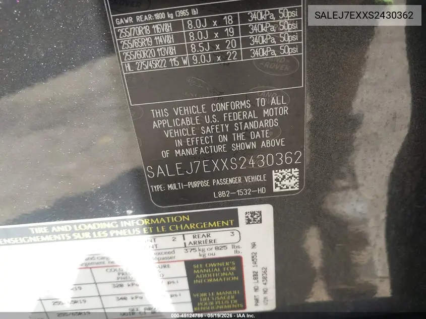 2025 Land Rover Defender 110 P300 VIN: SALEJ7EXXS2430362 Lot: 45124786