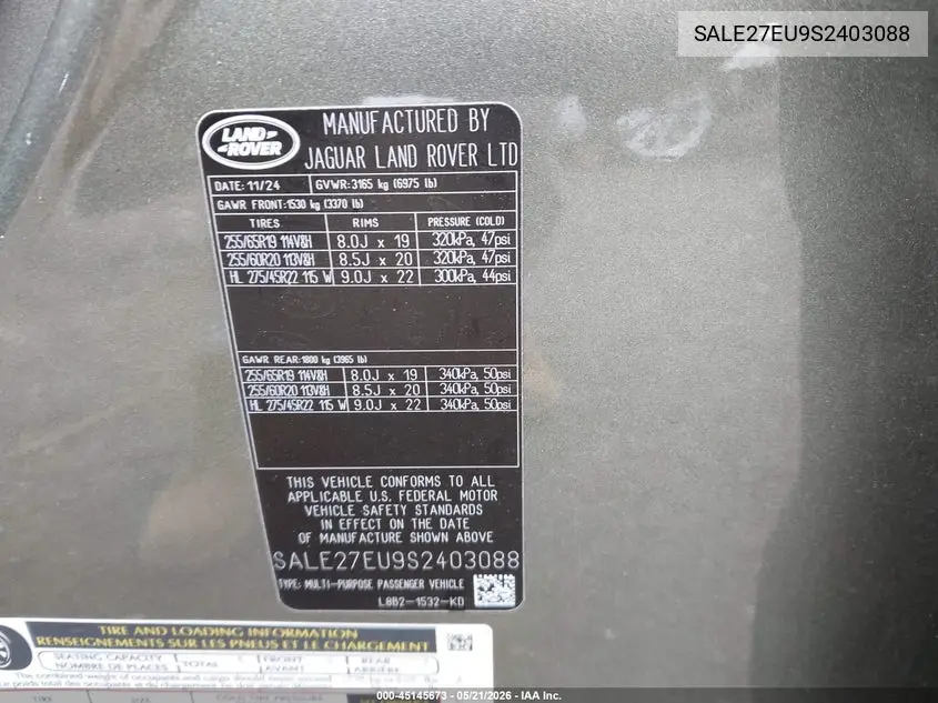 2025 Land Rover Defender 110 P400 X-Dynamic Se VIN: SALE27EU9S2403088 Lot: 45145673