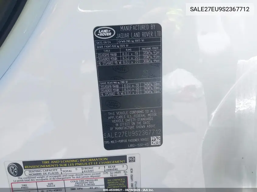 2025 Land Rover Defender 110 P400 X-Dynamic Se VIN: SALE27EU9S2367712 Lot: 45389521