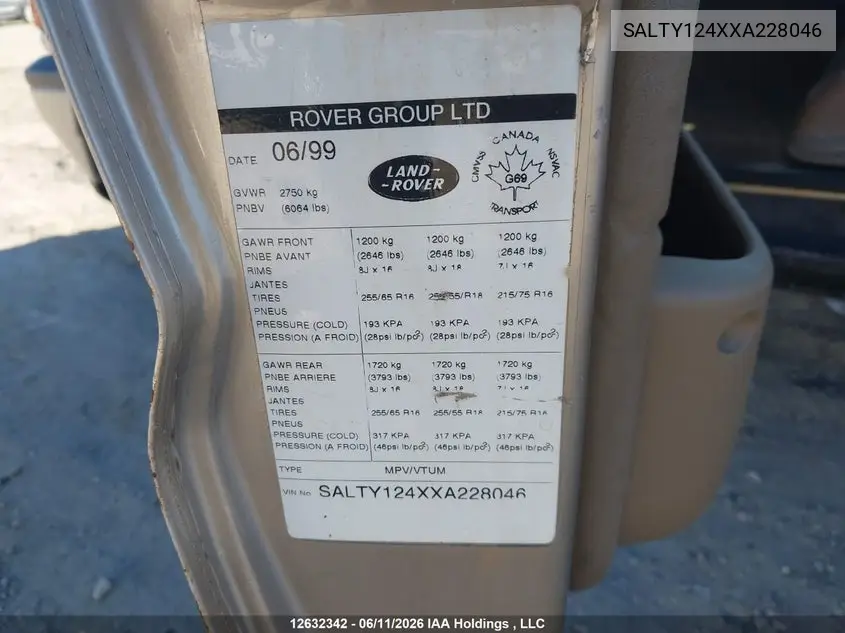1999 Land Rover Discovery Series Ii VIN: SALTY124XXA228046 Lot: 12632342