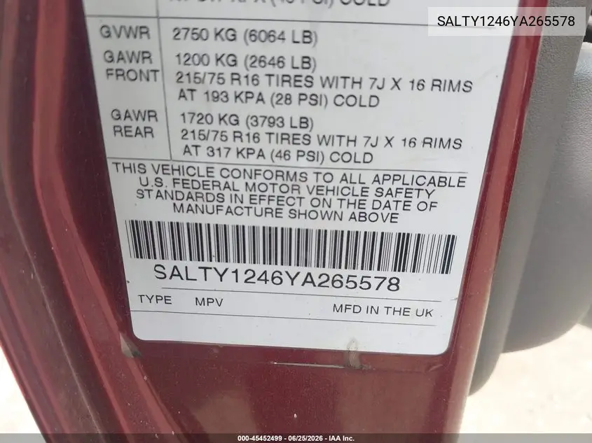 2000 Land Rover Discovery Series Ii Cloth/Series Ii Leather VIN: SALTY1246YA265578 Lot: 45452499