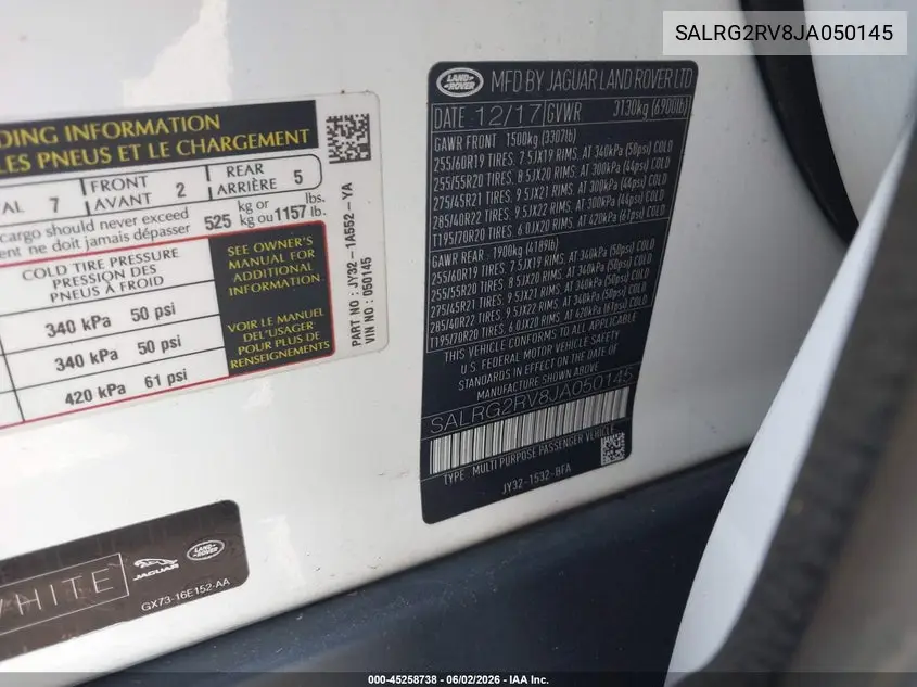 2018 Land Rover Discovery Se VIN: SALRG2RV8JA050145 Lot: 45258738