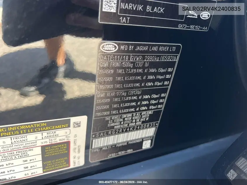 2019 Land Rover Discovery Se VIN: SALRG2RV4K2400835 Lot: 45477172