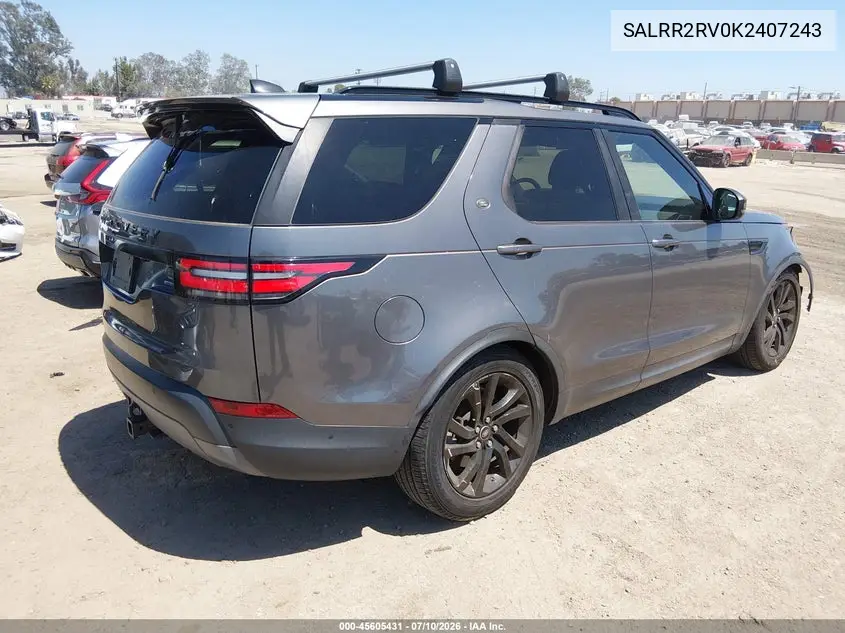 2019 Land Rover Discovery Hse VIN: SALRR2RV0K2407243 Lot: 45605431