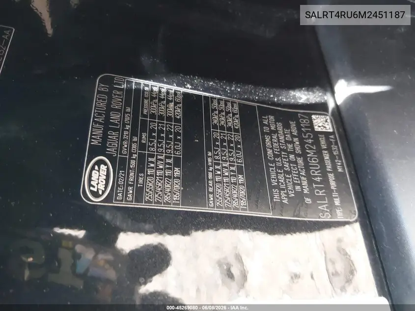 2021 Land Rover Discovery P360 S R-Dynamic VIN: SALRT4RU6M2451187 Lot: 45269080