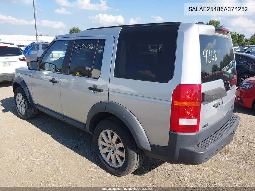 2006 Land Rover Lr3 V8 Se VIN: SALAE25486A374252 Lot: 45509368