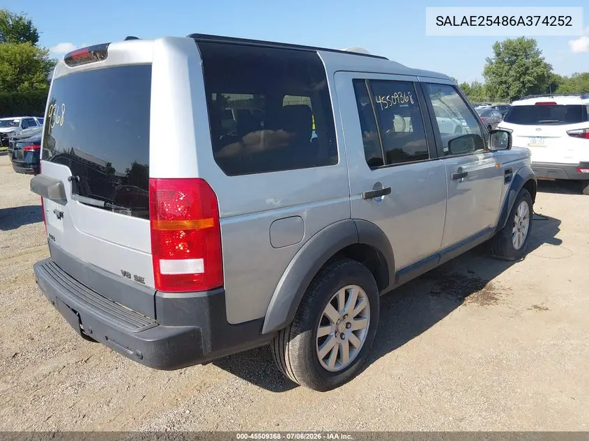 2006 Land Rover Lr3 V8 Se VIN: SALAE25486A374252 Lot: 45509368