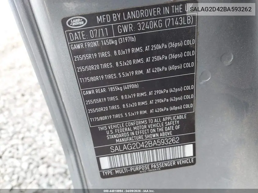 2011 Land Rover Lr4 VIN: SALAG2D42BA593262 Lot: 44818994