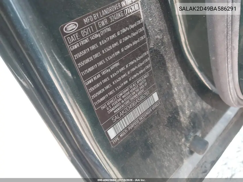 2011 Land Rover Lr4 VIN: SALAK2D49BA586291 Lot: 45623664