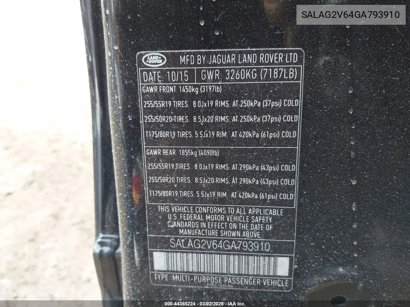 2016 Land Rover Lr4 VIN: SALAG2V64GA793910 Lot: 44385224