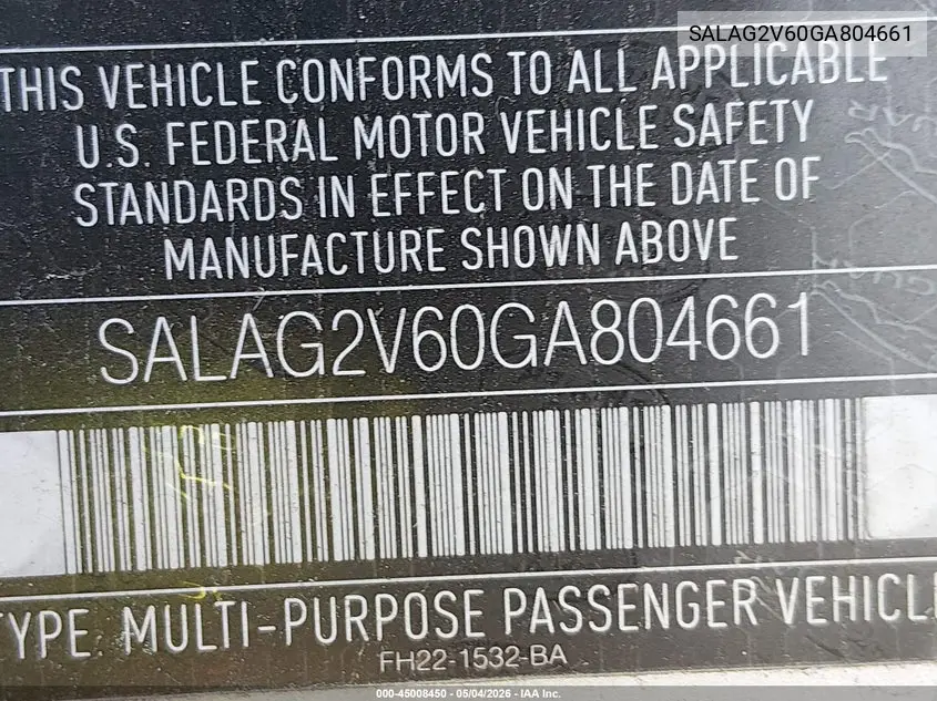 2016 Land Rover Lr4 VIN: SALAG2V60GA804661 Lot: 45008450