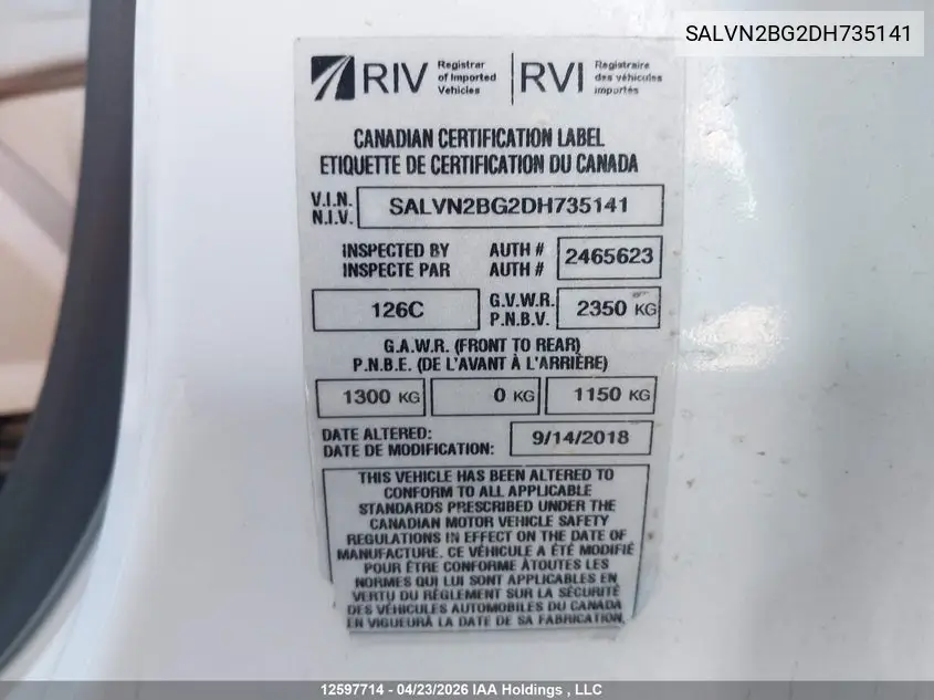 2013 Land Rover Range Rover Evoque Pure VIN: SALVN2BG2DH735141 Lot: 12597714