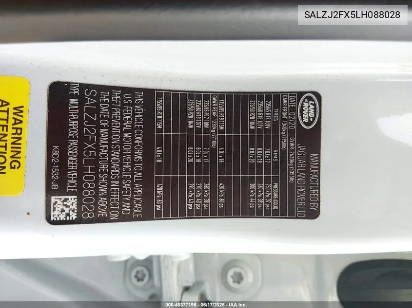 2020 Land Rover Range Rover Evoque S VIN: SALZJ2FX5LH088028 Lot: 45377196