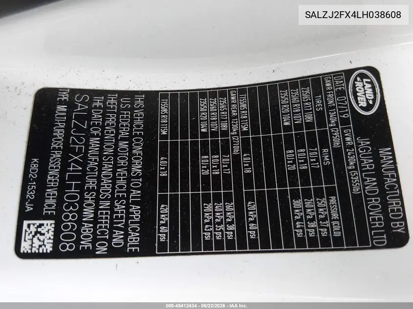 2020 Land Rover Range Rover Evoque S VIN: SALZJ2FX4LH038608 Lot: 45412434