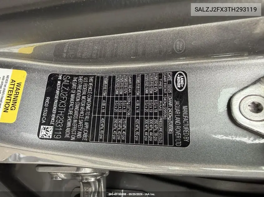 2026 Land Rover Range Rover Evoque S VIN: SALZJ2FX3TH293119 Lot: 45190658