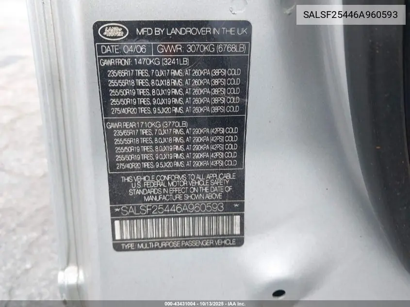 SALSF25446A960593 2006 Land Rover Range Rover Sport Hse