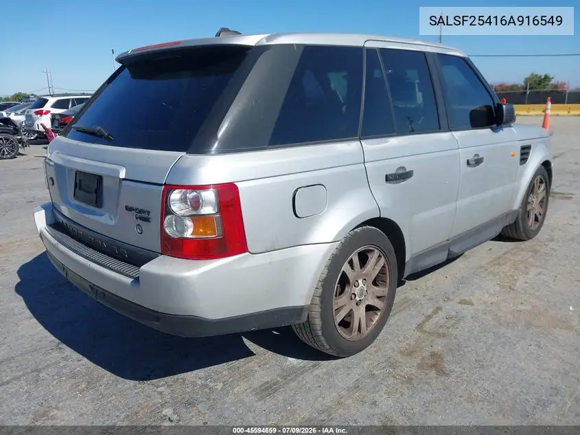 2006 Land Rover Range Rover Sport Hse VIN: SALSF25416A916549 Lot: 45594659