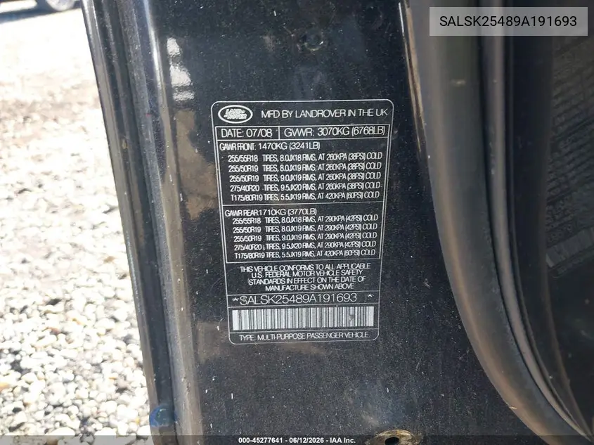 2009 Land Rover Range Rover Sport Hse VIN: SALSK25489A191693 Lot: 45277641