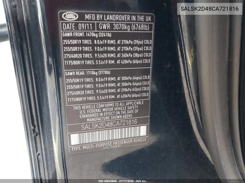 2012 Land Rover Range Rover Sport Hse VIN: SALSK2D48CA721816 Lot: 45643660