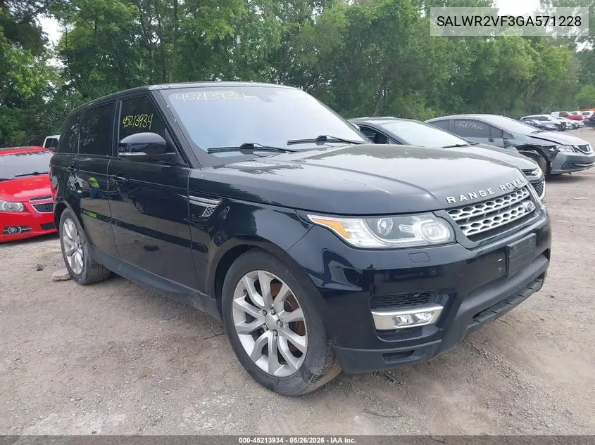 2016 Land Rover Range Rover Sport 3.0L V6 Supercharged Hse VIN: SALWR2VF3GA571228 Lot: 45213934