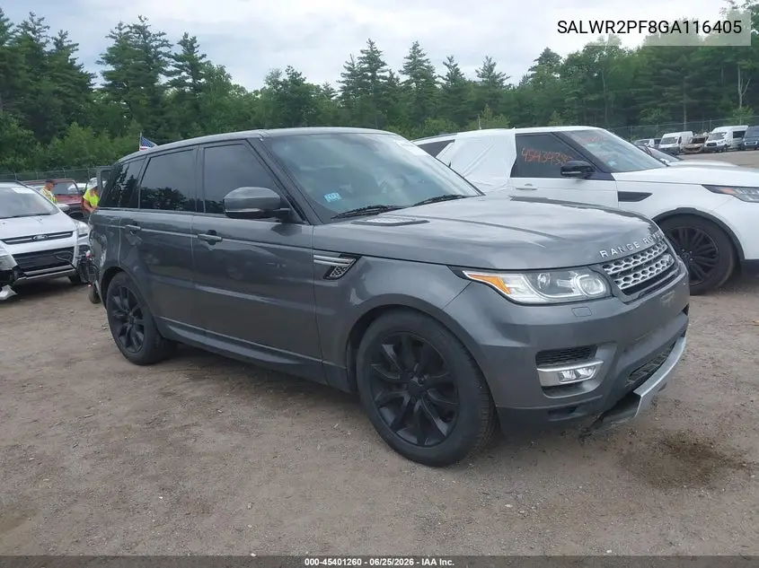 2016 Land Rover Range Rover Sport 3.0L V6 Supercharged Hse VIN: SALWR2PF8GA116405 Lot: 45401260