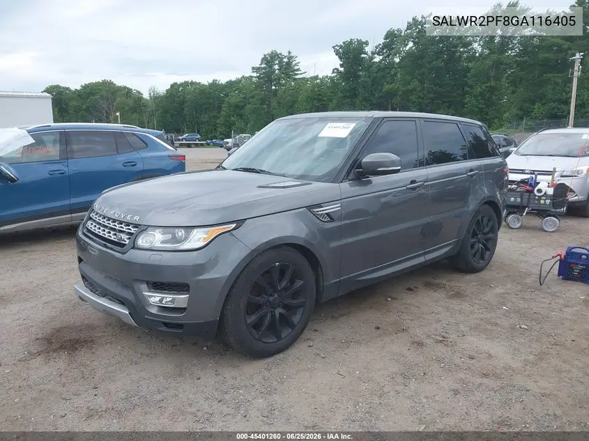 2016 Land Rover Range Rover Sport 3.0L V6 Supercharged Hse VIN: SALWR2PF8GA116405 Lot: 45401260