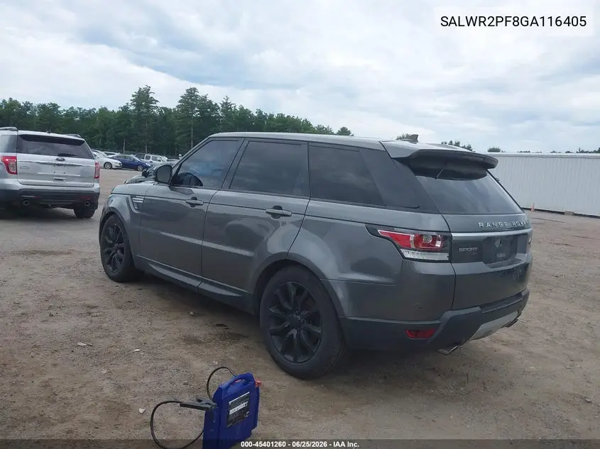 2016 Land Rover Range Rover Sport 3.0L V6 Supercharged Hse VIN: SALWR2PF8GA116405 Lot: 45401260