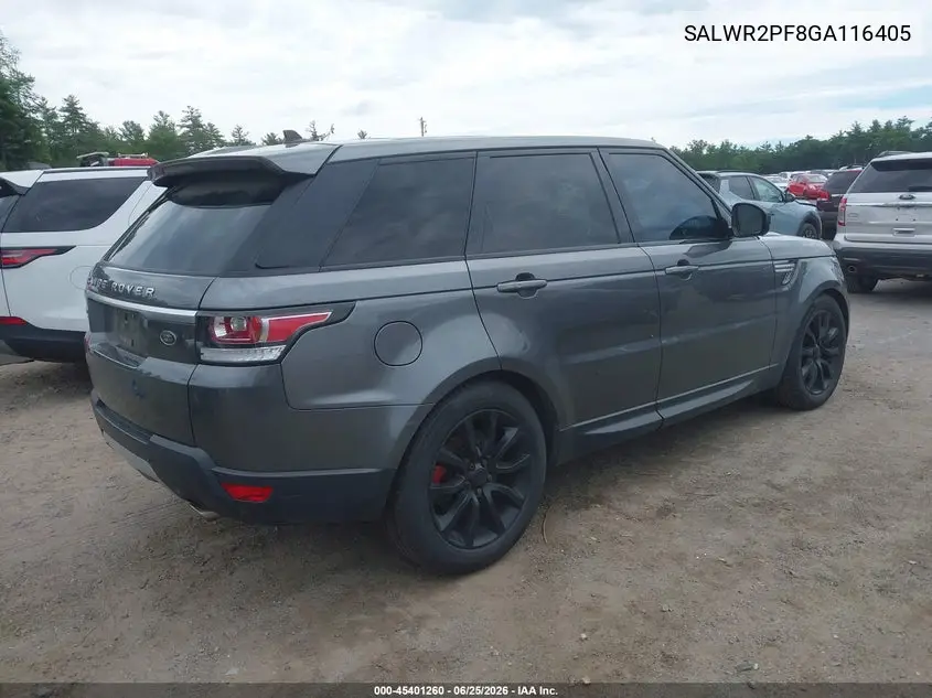 2016 Land Rover Range Rover Sport 3.0L V6 Supercharged Hse VIN: SALWR2PF8GA116405 Lot: 45401260