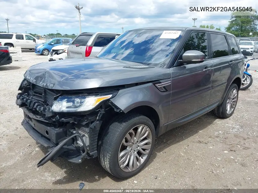 2016 Land Rover Range Rover Sport 3.0L V6 Turbocharged Diesel Hse Td6 VIN: SALWR2KF2GA545045 Lot: 45402487
