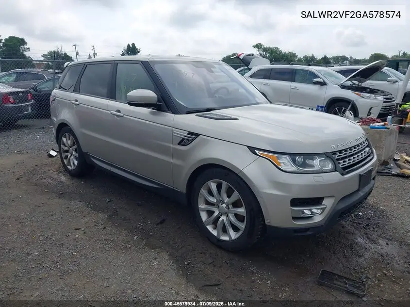 2016 Land Rover Range Rover Sport 3.0L V6 Supercharged Hse VIN: SALWR2VF2GA578574 Lot: 45579934