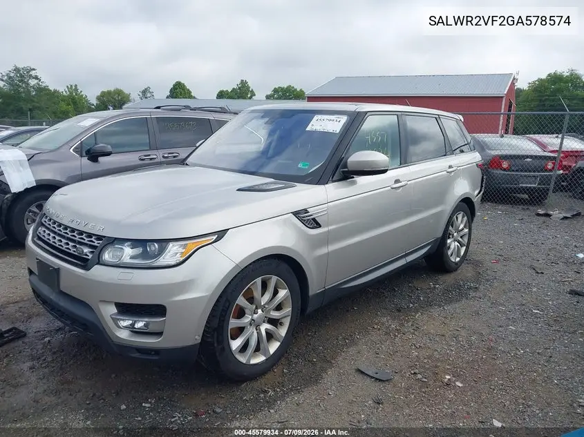 2016 Land Rover Range Rover Sport 3.0L V6 Supercharged Hse VIN: SALWR2VF2GA578574 Lot: 45579934
