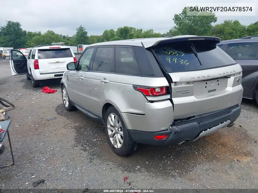 2016 Land Rover Range Rover Sport 3.0L V6 Supercharged Hse VIN: SALWR2VF2GA578574 Lot: 45579934