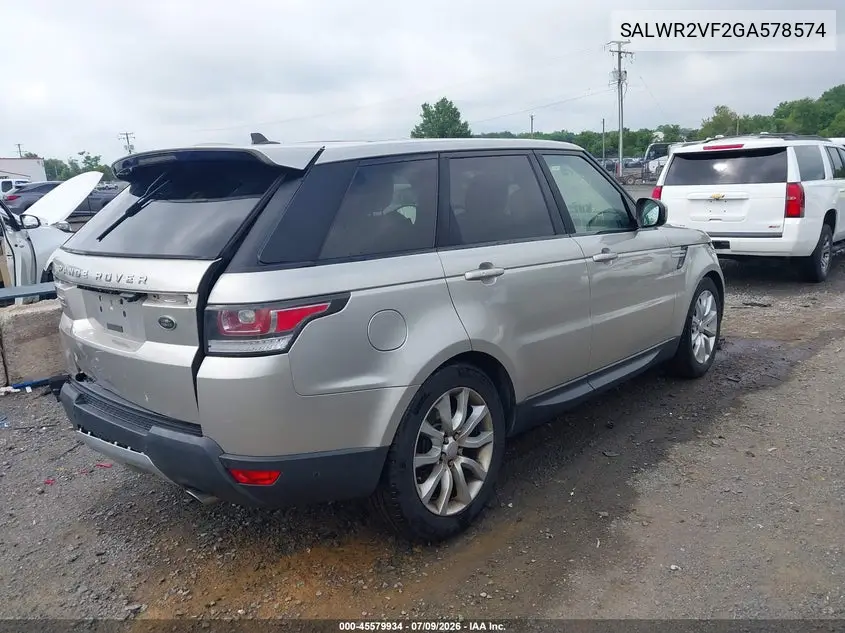 2016 Land Rover Range Rover Sport 3.0L V6 Supercharged Hse VIN: SALWR2VF2GA578574 Lot: 45579934