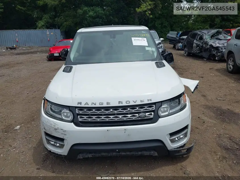 2016 Land Rover Range Rover Sport 3.0L V6 Supercharged Hse VIN: SALWR2VF2GA545543 Lot: 45592270