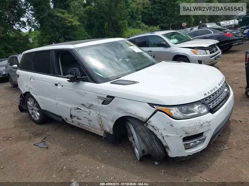 2016 Land Rover Range Rover Sport 3.0L V6 Supercharged Hse VIN: SALWR2VF2GA545543 Lot: 45592270