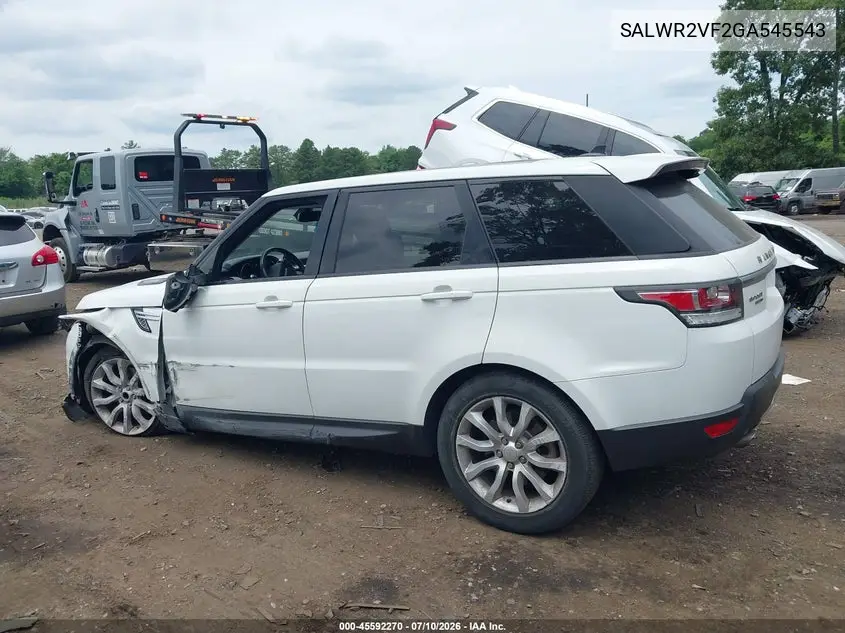 2016 Land Rover Range Rover Sport 3.0L V6 Supercharged Hse VIN: SALWR2VF2GA545543 Lot: 45592270