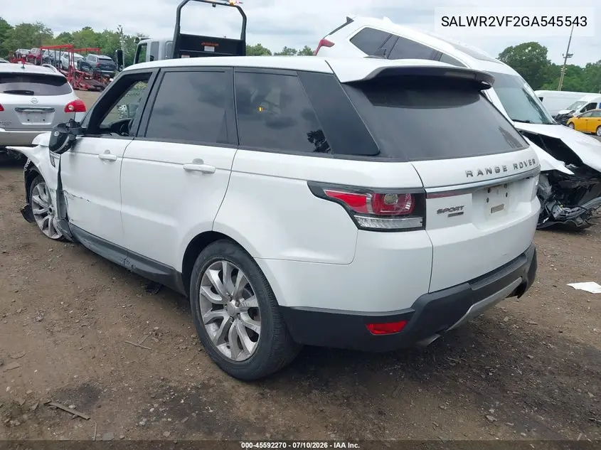 2016 Land Rover Range Rover Sport 3.0L V6 Supercharged Hse VIN: SALWR2VF2GA545543 Lot: 45592270