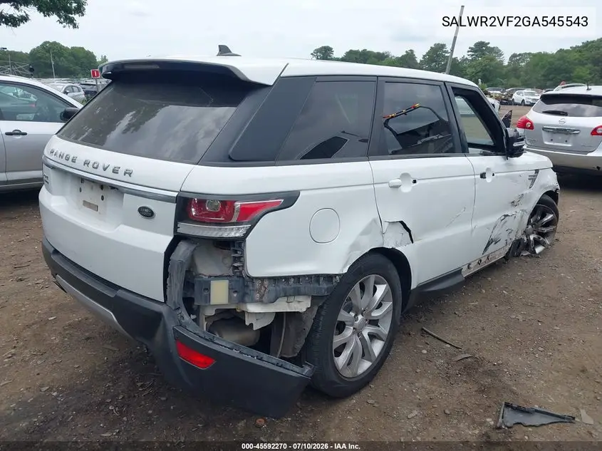 2016 Land Rover Range Rover Sport 3.0L V6 Supercharged Hse VIN: SALWR2VF2GA545543 Lot: 45592270