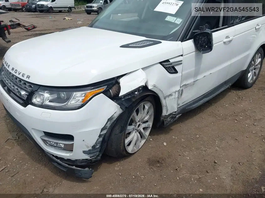 2016 Land Rover Range Rover Sport 3.0L V6 Supercharged Hse VIN: SALWR2VF2GA545543 Lot: 45592270
