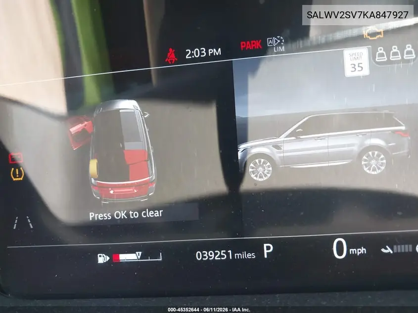 2019 Land Rover Range Rover Sport Hse Dynamic VIN: SALWV2SV7KA847927 Lot: 45352644