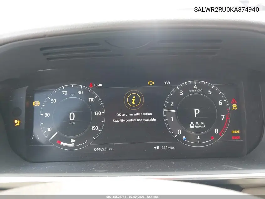 2019 Land Rover Range Rover Sport Hse Mhev VIN: SALWR2RU0KA874940 Lot: 45522715
