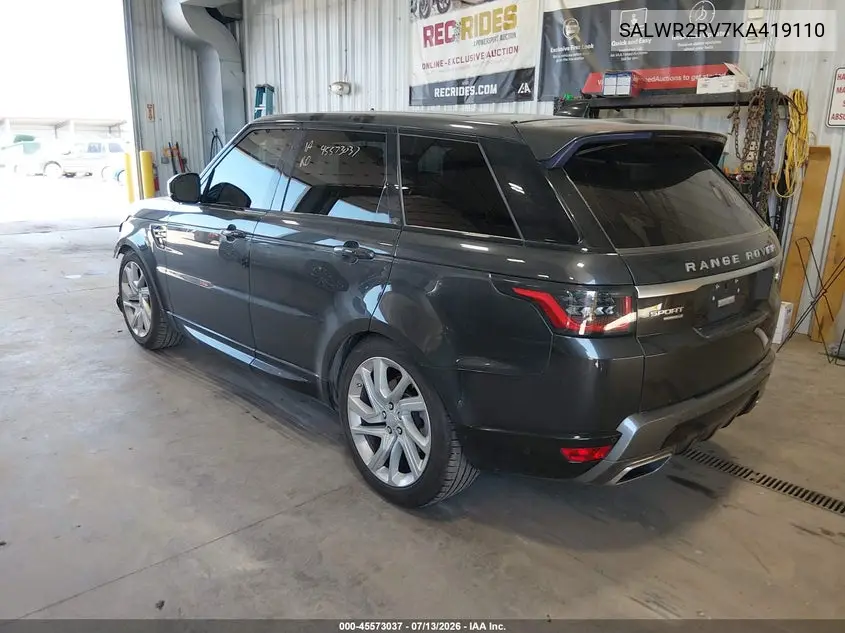 2019 Land Rover Range Rover Sport Hse VIN: SALWR2RV7KA419110 Lot: 45573037