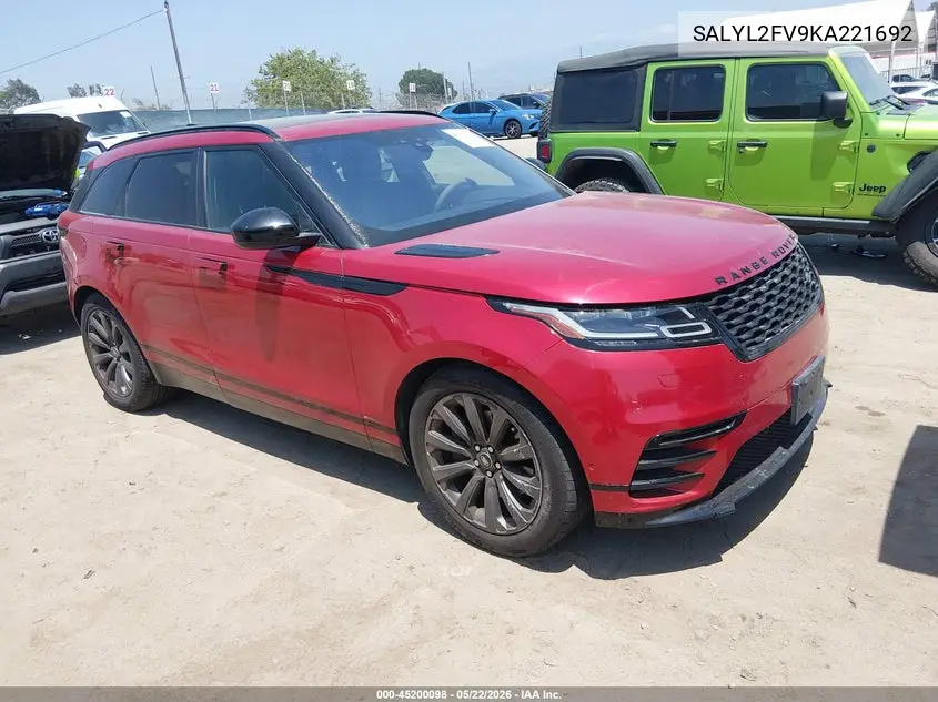 2019 Land Rover Range Rover Velar P340 R-Dynamic Se/P380 R-Dynamic Se VIN: SALYL2FV9KA221692 Lot: 45200098